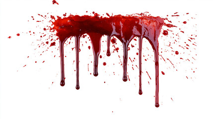 Vibrant red liquid dripping heavily down against clean white background creating dramatic horror effects ©  LumenCraft Media