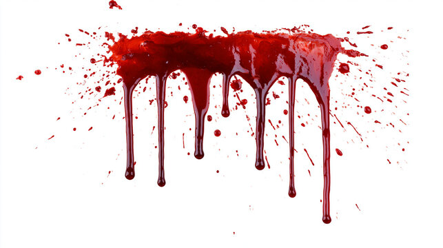 Vibrant red liquid dripping heavily down against clean white background creating dramatic horror effects