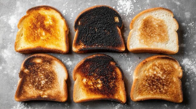 Six slices of toasted white bread arranged in two by three grid on plain light grey background, each slice showing different toastiness from light golden to dark brown almost charred, 