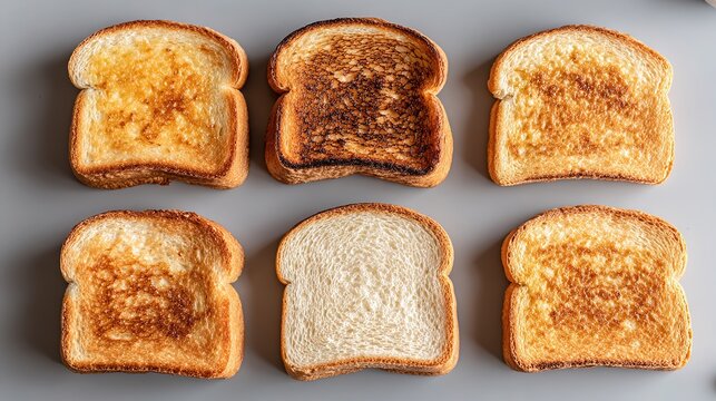Six slices toasted white bread in two by three grid on light grey background, varying toastiness from light golden to dark brown almost charred, bright even lighting soft shadows, 