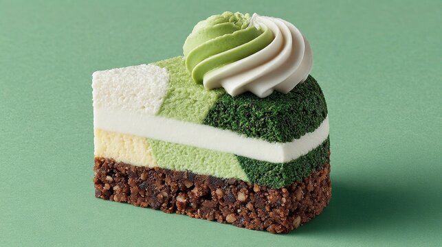 Minimalist matcha cheesecake slice high angle shot, diagonal light green background, brown crust light green mousse white cream, top dark green matcha powder and cream swirl,