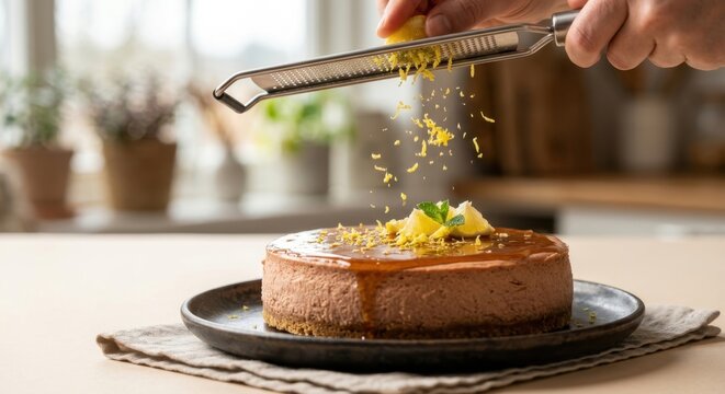 Chef Hand Grating Fresh Organic Lemon Zest Over a Rich Decadent Chocolate Cheesecake with Smooth Caramel Drizzle Topping, Elegant Homemade Gourmet Dessert Presentation in a Bright Sunny Kitchen