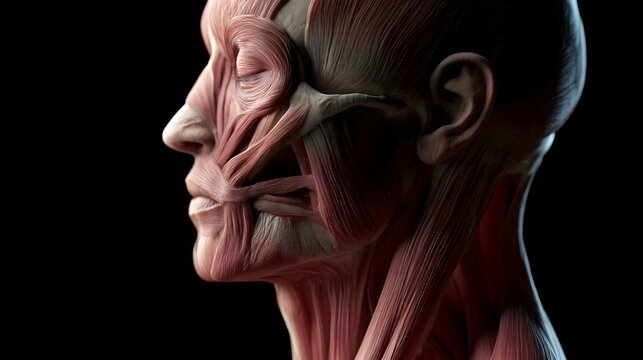 Anatomical side profile of human head and neck showcasing detailed muscle structure against dark background