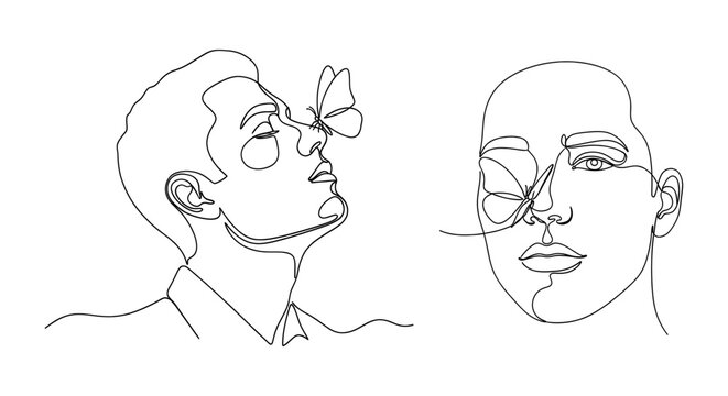 minimalist line art drawings of two faces with butterflies.