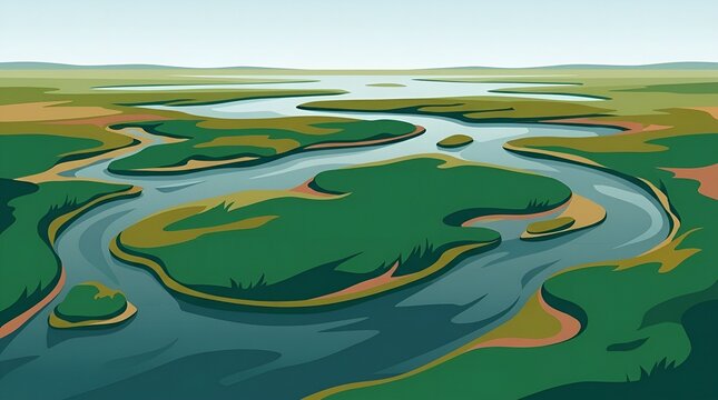 Vector illustration of a serene blue river meandering across green grassy meadows and marshlands