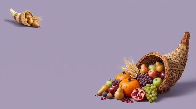 Minimalist cornucopia, Thanksgiving horn of plenty with autumn harvest fruits and vegetables