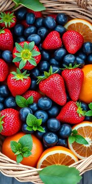 Organic fruit basket filled with juicy strawberries, plump blueberries, and vibrant oranges, colorful, illustration