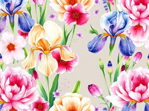 Soft watercolor illustration of irises and peonies in a seamless floral pattern, patterns, home decor