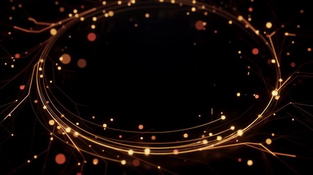 Golden circular ring with glowing spark particles rotating in dark space background.