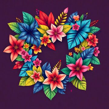 Whimsical and imaginative design featuring a stylized heart shape composed of colorful and elaborate tropical leaves and flowers in a whimsical representation, romantic, tendrils