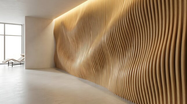 Widescreen Parametric Fluted Timber Wall with Warm Backlight