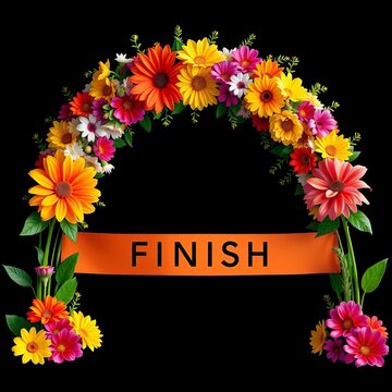 Colorful flower arch with finish line banner on black background, festive, accomplishment
