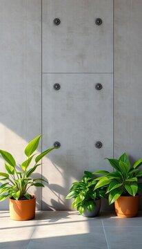 Concrete wall with lush green plants placed on floor, wall art, home decor