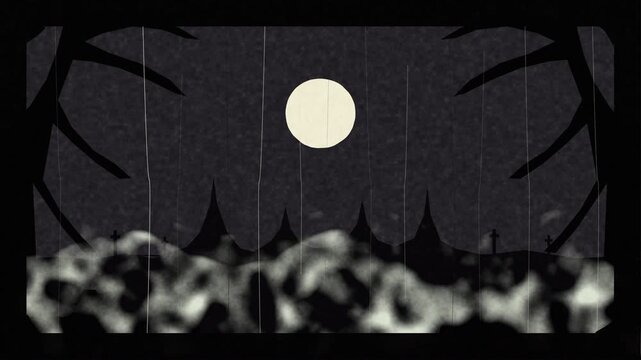 rainy night graveyard moon animation looping dark horror silhouette eerie