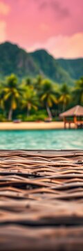 Woven wooden table top with tropical beach landscape in soft focus, rustic, sunny