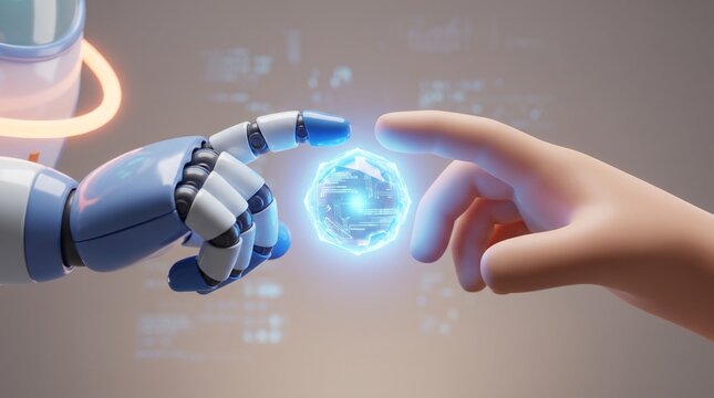 3d robot hand and human hand reaching toward each other around a small glowing blue sphere
