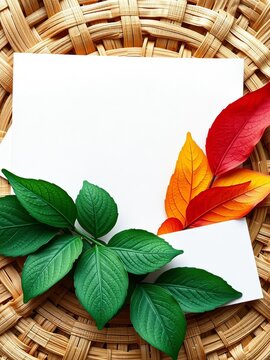 Woven design of layered leaves and paper cards, flat lay, nature-inspired
