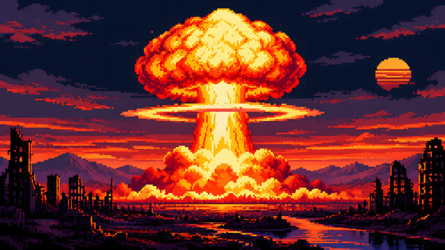 Pixel Art Atomic Bomb Explosion Background &ndash; Retro 8-Bit Nuclear Explosion for Video Game and Arcade Design