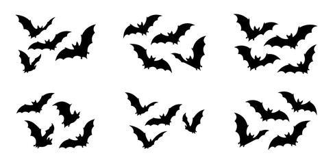 Fototapeta premium Six groups of flying bat silhouettes in black isolated on a white background with bat silhouette halloween icon spooky animal night animal