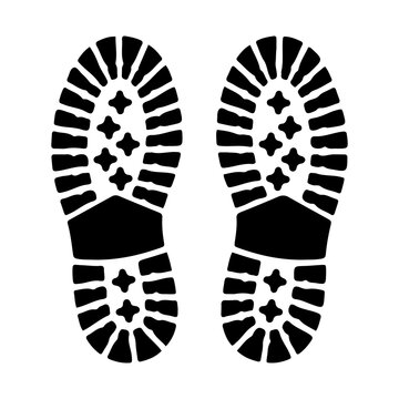 Shoe print graphic elements set with black boot footprints bare feet tracks and isolated footwear tread silhouettes