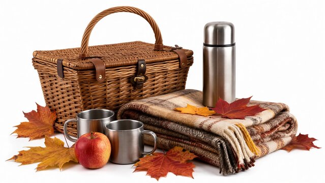 Autumn picnic basket with thermos and plaid blanket isolated on white