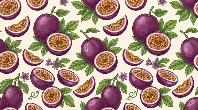 Hand Drawn Seamless Pattern with Tropical Passion Fruit Whole and Slices Organic Maracuya with Leaves and Flowers