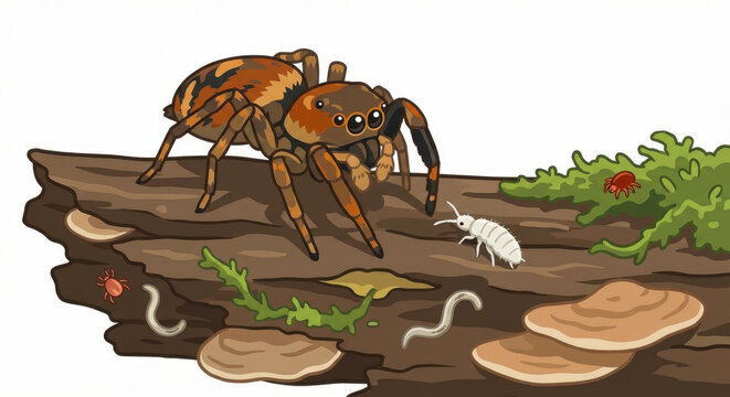 Jumping spider on woodland soil with insect, worm, mushroom, and foliage