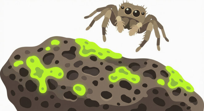 Cartoon spider jumping over mossy rock with startled expression
