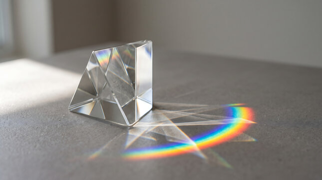 Triangular glass prism refracting sunlight into rainbow spectrum on gray surface