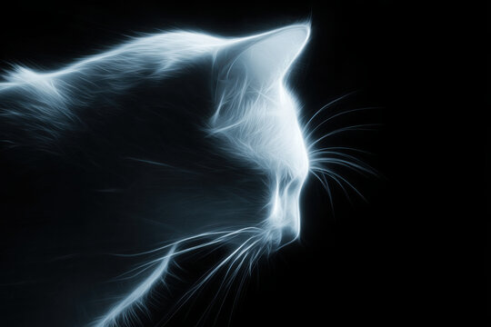 A glowing silhouette profile of a cat head isolated on a black background