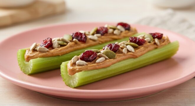 Healthy Ants on a Log Snack Made with Fresh Celery Stalks, Creamy Peanut Butter, Dried Cranberries, and Mixed Seeds on a Pink Plate, Perfect for Kids' Lunch or Nutritious Afternoon Appetizer