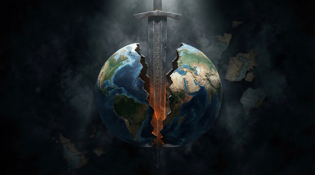 Earth Split by Conflict: A striking illustration of a sword cleaving the globe, embodying the devastation of war and geopolitics.