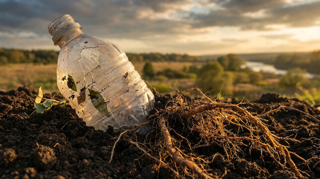Pollution of the natural environment: A discarded plastic bottle in soil with roots, a message for an NGO.