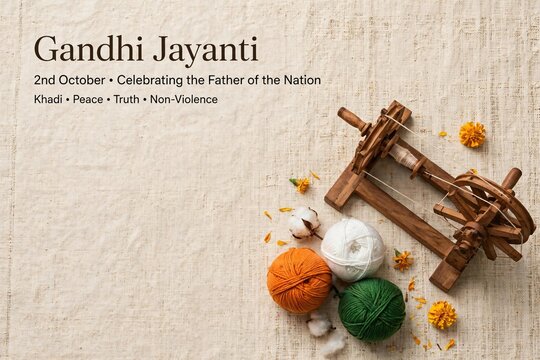 Wooden charkha with tricolor thread spools on white khadi background with copy space for Gandhi Jayanti