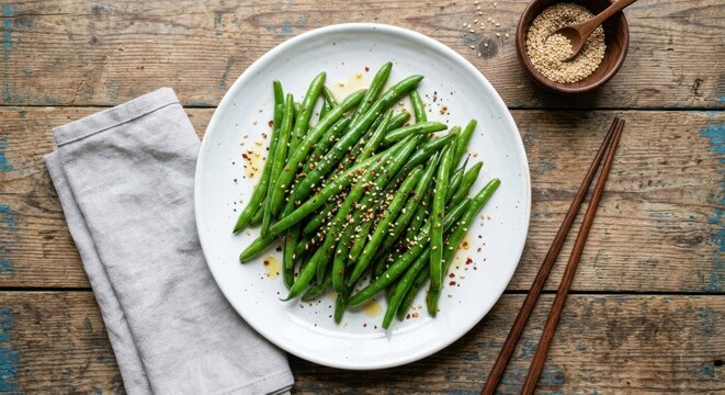 Healthy saut&eacute;ed green beans with sesame seeds and chili flakes served on a white plate over a rustic wooden table, Asian-style vegetable side dish with chopsticks and napkin in a flat lay view.