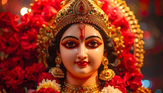 Goddess Durga Close Up Portrait with Ornate Golden Crown, Red Bindi and Vibrant Red Flowers &ndash; Navratri Festival