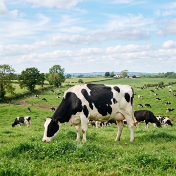 A herd of Holstein cows grazing on a lush green pasture in the rural countryside under a bright blue sky, focusing on a black and white dairy cow eating grass in a peaceful farmland setting.