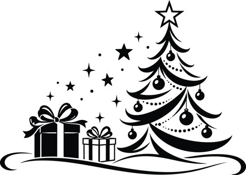 Christmas tree star decoration vector illustration for Feliz navidad natal Buon Natale Joyeux No&euml;l God Jul Vrolijk Kerstfeest &Kappa;&alpha;&lambda;ά &Chi;&rho;&iota;&sigma;&tau;&omicron;ύ&gamma;&epsilon;&nu;&nu;&alpha; banner poster t shirt tee happy new year design line art