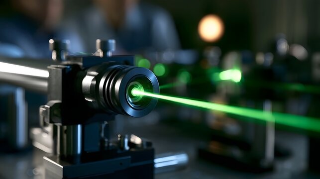 A green laser beam projects from a precision optical device in a dimly lit laboratory setting with blurred equipment in the background