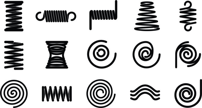 Collection of black line vector icons depicting flexible metal spring coils spiral mechanisms technical shock absorbers and industrial wire suspension parts