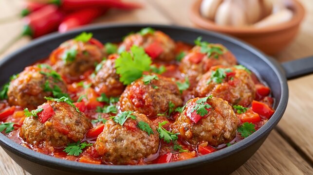 Savory meatballs simmer in a rich tomato sauce within a skillet.