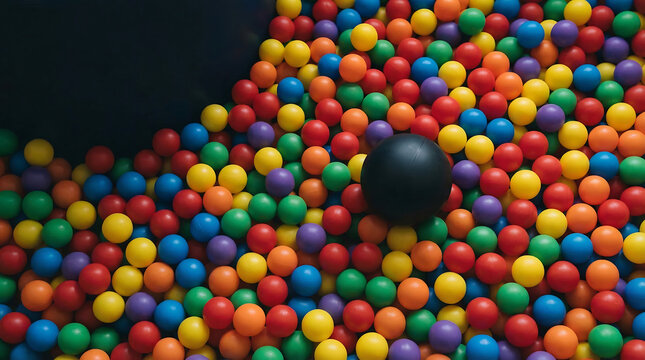 Overhead view of a dark ball among colorful spheres in a play pit, exemplifying social differentiation.