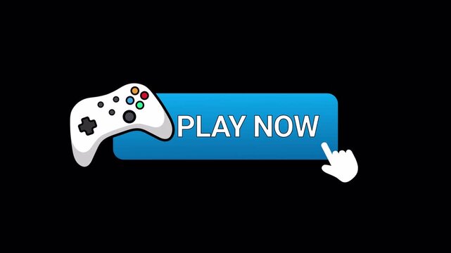 game controller play now button icon sign animation on transparent background, animated play now button with mouse cursor sign in 4k.