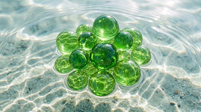 Macro shot of green glass balls floating on clear rippling water surface with bright natural sunlight reflections