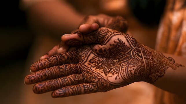 Close up of hands adorned with detailed henna patterns under warm ambient lighting  showcasing traditional ry and cultural significance