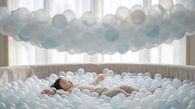 Peaceful Moment: Young Child Sleeping in a Soft Ball Pit Under a Dreamy Cloud Decoration Indoors