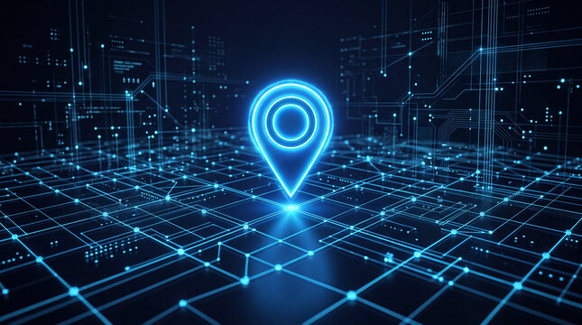 Glowing blue location pin icon highlighting a digital city map network, representing navigation and technology, data connection and global positioning