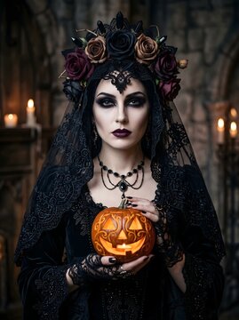 Dramatic portrait of a woman with gothic Halloween makeup wearing a black lace veil and dark rose crown, holding a softly glowing pumpkin. Perfect for fashion, beauty, and dark fantasy themes