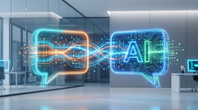 Abstract digital communication between AI and human, with glowing chat bubbles and circuit board patterns on a modern office background