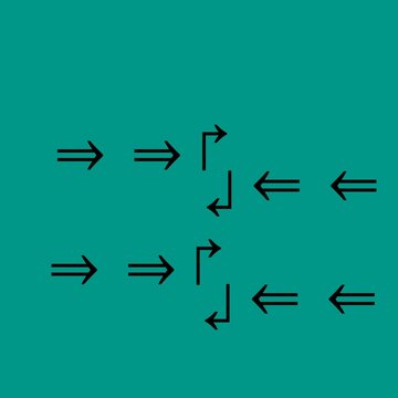Vector diagram with black double-flanked arrow icon and right-angled arrow (letter L) on turquoise background.

